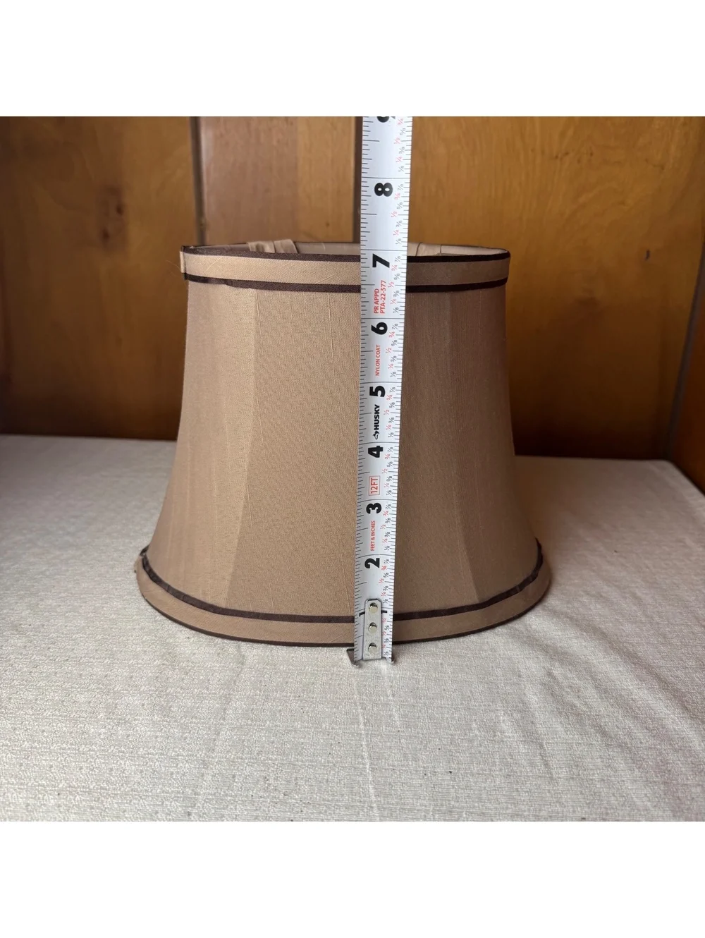 Vintage Bell Shaped Beige Fabric Lampshade Brown Trim 7 Inch Tall